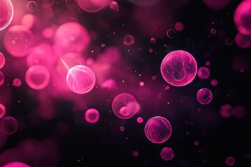 Poster - Vibrant pink bubbles floating in a dark background, creating a captivating and abstract visual effect suitable for various designs.