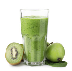 Wall Mural - Tasty green smoothie in glass, spinach, apples and half of kiwi isolated on white