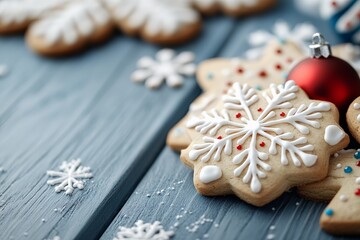 A delicately frosted snowflake-shaped Christmas cookie placed on a rustic blue wooden surface, accompanied by sprinkled sugar, red ornaments, and holiday-themed accents.