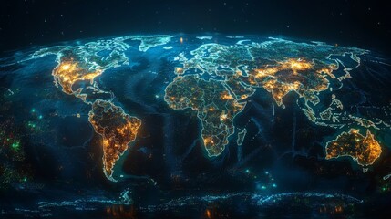Poster - This holographic map illustrates global outreach initiatives, highlighting illuminated areas across regions, showcasing international connectivity.