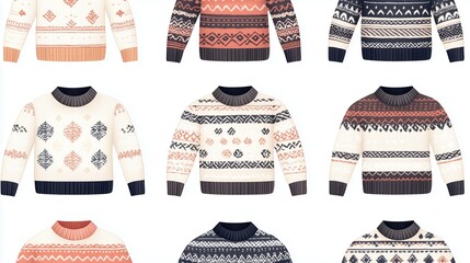 Colorful knit sweaters displayed in a grid pattern showcasing winter fashion styles and intricate patterns on a neutral background