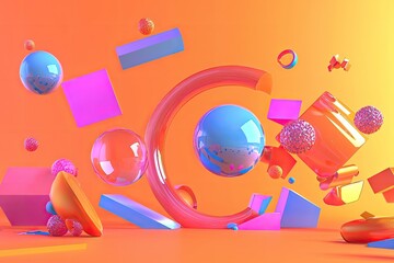Poster - Vibrant abstract composition featuring colorful geometric shapes and spheres on a bright orange background.