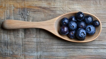 Wall Mural - Fresh Blueberries on Wooden Spoon - Organic Fruit Flat Lay Top View for Healthy Eating Concept