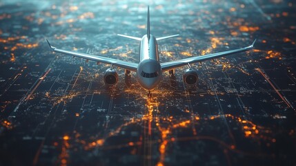 Poster - The holographic map displays intricate global flight paths illuminated by city lights, emphasizing air travel routes across the world.