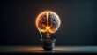 © Iris - a light bulb with human brain inside against a pure dark background, ai brain or technology concept