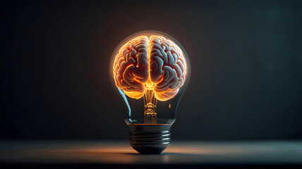 a light bulb with human brain inside against a pure dark background, ai brain or technology concept