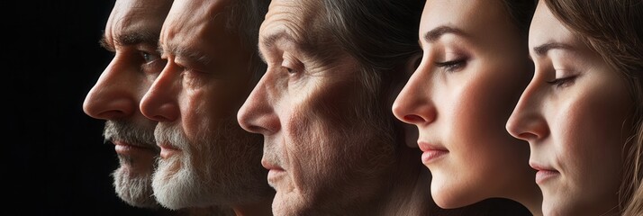 Leinwandbilder - Five individuals with diverse appearances showcase their side profiles in a calm atmosphere, reflecting introspection and artistic expression in a dimly lit setting. Generative AI