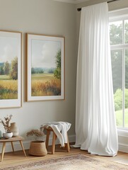 Wall Mural - Mockup Frame Showcasing an Impressionist Landscape Artwork in a Cozy Farmhouse Style Living Room with Sheer Curtains Plush Rug and Mid Century Modern Accents