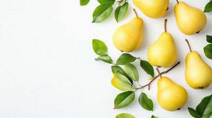 Wall Mural - Fresh Pears Arrangement on White Background with Copy Space, Top View Flat Lay Concept.