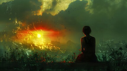 Canvas Print - Woman Watching Sunset Over a City.