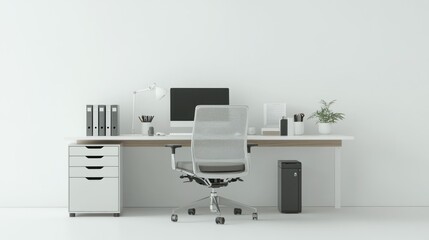 Leinwandbilder - Minimalist Home Office Desk with White Walls and a Silver Mesh Office Chair