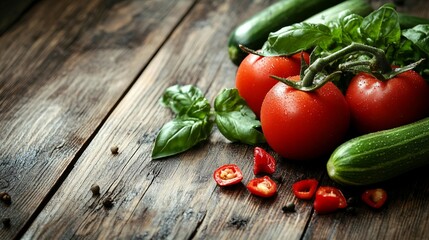 Wall Mural - Vibrant Summer Harvest: Closeup of Fresh Vegetables on Wooden Background