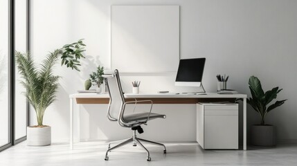 Wall Mural - Modern Minimalist Home Office Interior with White Desk and Chrome Chair