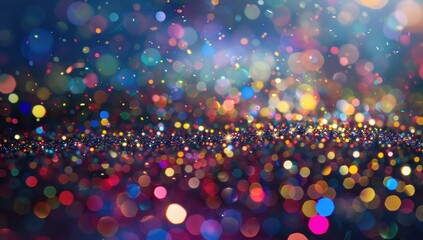 Poster - A grainy background of tiny colorful particles, like confetti or glitter, floating in the air with shallow depth of field. The particles should be of various sizes and colors to create an abstract, dy