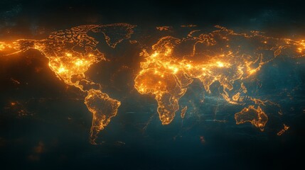 Poster - a holographic map of the world highlights illuminated areas, showcasing major cities and landmarks a