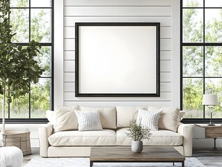 Wall Mural - Mockup of a rustic black frame showcased in a cozy farmhouse inspired living room setting  The room features large windows that allow natural light to flood the space