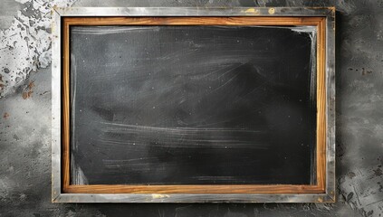 Dark slate blackboard with a natural wooden frame set against a cool silver background, perfect for educational mockups Space for design on the right