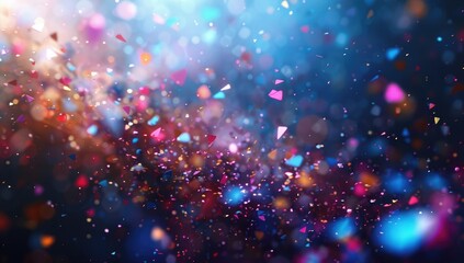 Poster - Abstract background with colorful bokeh lights and glowing particles on a dark blue background. The style is reminiscent 