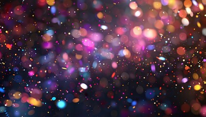 Poster - Abstract background with colorful bokeh lights and glowing particles on a dark blue background. The style is reminiscent