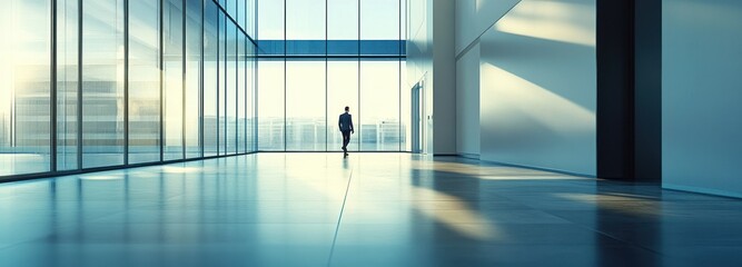 Poster - Businessperson Walking Towards a Window in a Modern Office Building