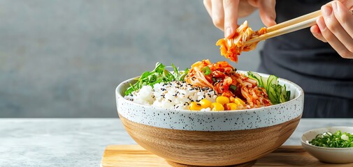 A person adding kimchi to a rice bowl, with vibrant colors and textures highlighted to show the health benefits Probiotic-rich diet concept.