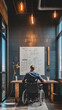 © wasan - Executive in wheelchair using whiteboard, bright office space, creative session, overtheshoulder shot