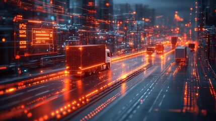 Poster - A holographic map illustrates truck routes through a digital cityscape, highlighting busy roads and illuminated vehicles in twilight.