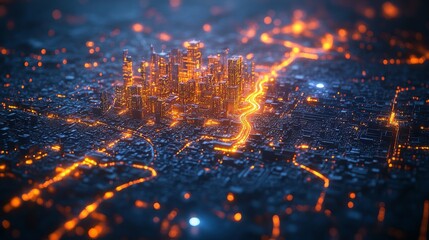 Poster - A detailed holographic map displays dynamic urban movement, highlighting traffic patterns and pathways through the city at night.