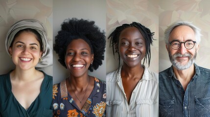 Aufkleber - Four adults with different hairstyles share joyful smiles, showcasing diversity and connection in a welcoming indoor setting. Generative AI