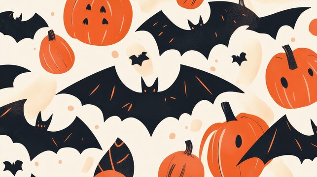 Modern Halloween design with abstract bats and pumpkins, incorporating a chic color palette.