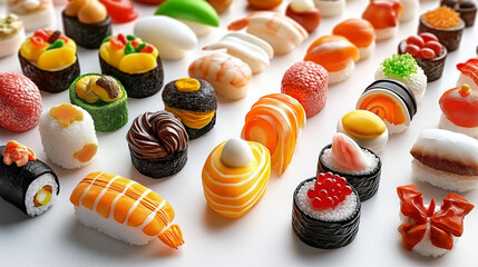 a colorful array of bite-sized sushi and other japanese sweets..