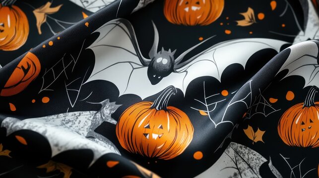 Sophisticated Halloween pattern with sleek bat shapes and contemporary pumpkin illustrations.