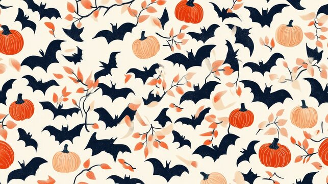 Stylized Halloween pattern with bat silhouettes and modern pumpkin icons, creating a chic, festive look.