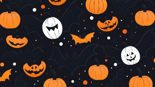 Stylized Halloween pattern with bat silhouettes and modern pumpkin icons, creating a chic, festive look.