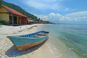 Old wooden fisherman boat at the dock in the fisherman village, Parking boat on the beach.	