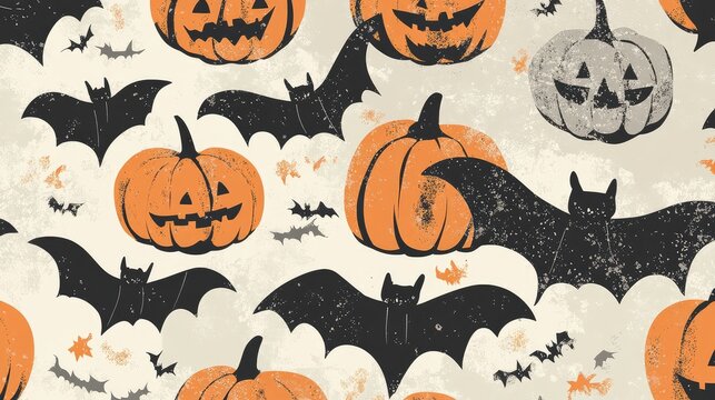 Stylized Halloween pattern with graphic bats and oversized pumpkins in a trendy, muted color scheme.
