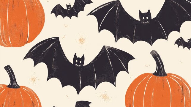 Stylized Halloween pattern with graphic bats and oversized pumpkins in a trendy, muted color scheme.