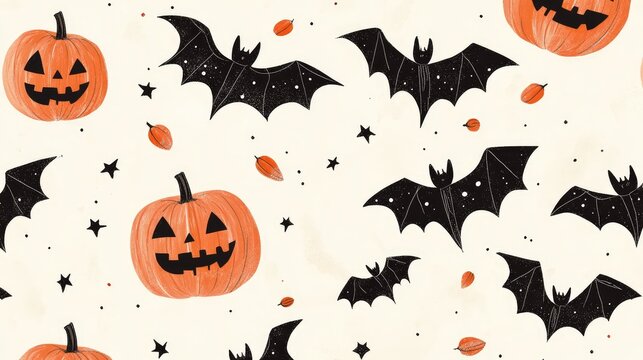 Trendy Halloween pattern featuring artistic bats and pumpkins in a modern, abstract style.
