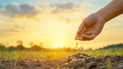 A hand dropping coins into soil at sunset, symbolizing growth, investment, and prosperity in nature. financial freedom concept.