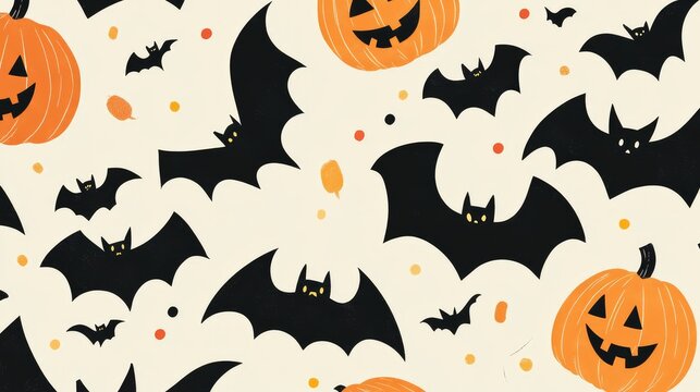 Trendy Halloween pattern incorporating clean lines and modern shapes of bats and pumpkins.