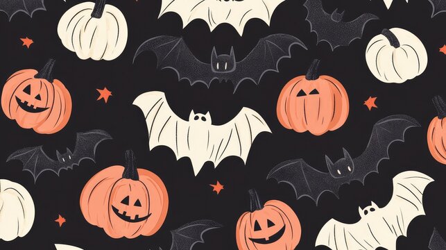 Trendy Halloween pattern incorporating clean lines and modern shapes of bats and pumpkins.