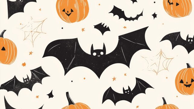 Trendy Halloween pattern incorporating clean lines and modern shapes of bats and pumpkins.