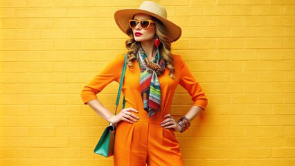 Vibrant, eclectic outfit featuring a bright orange jumpsuit with flared legs, paired with a matching fedora and layered with colorful, patterned scarves and chunky jewelry.