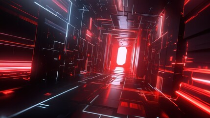 Wall Mural - Red and Blue Neon Lights in a Futuristic Corridor