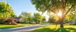© AlgoCreative - A serene neighborhood scene featuring tree-lined streets, bright sunlight, and families enjoying a peaceful day outdoors. suburban development concept.