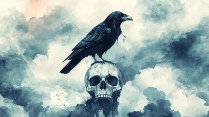 Wall Mural - A black raven sits perched atop a human skull, its dark figure silhouetted against a backdrop of swirling, ominous clouds.  The image represents themes of mortality, darkness, and the inevitability of