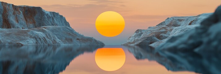 Sticker - A breathtaking sunset reflects on calm waters between rugged cliffs, symbolizing peace, beauty, nature, serenity, and contemplation.