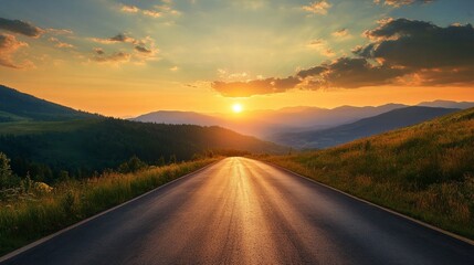 Canvas Print - A breathtaking view of a mountain road leading to a vibrant sunrise, highlighting nature's beauty, tranquility, and the promise of a new day.