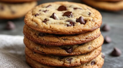 A stack of deliciously indulgent chocolate chip cookies, with crisp edges and chewy centers.