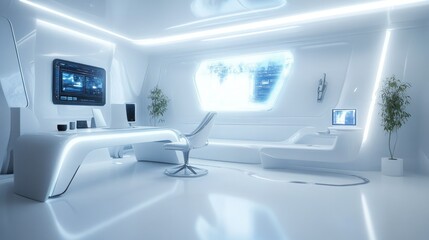 Poster - Futuristic Office Interior with White Walls and Modern Furniture